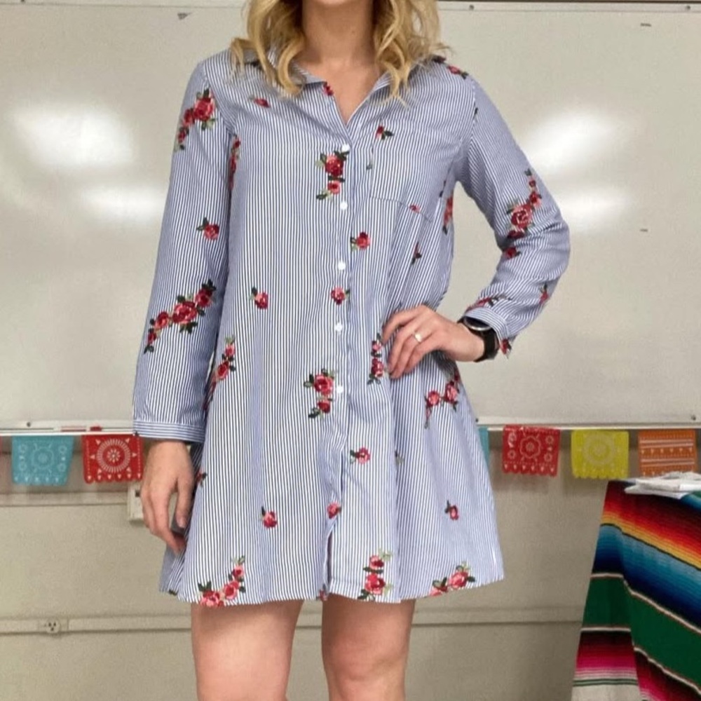 Striped Floral Button-Up Dress